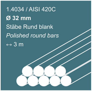 Edelstahlstäbe aus 1.4034 (420C), 32 mm Durchmesser, 3000 mm lang, auf hellgrünem Hintergrund abgebildet